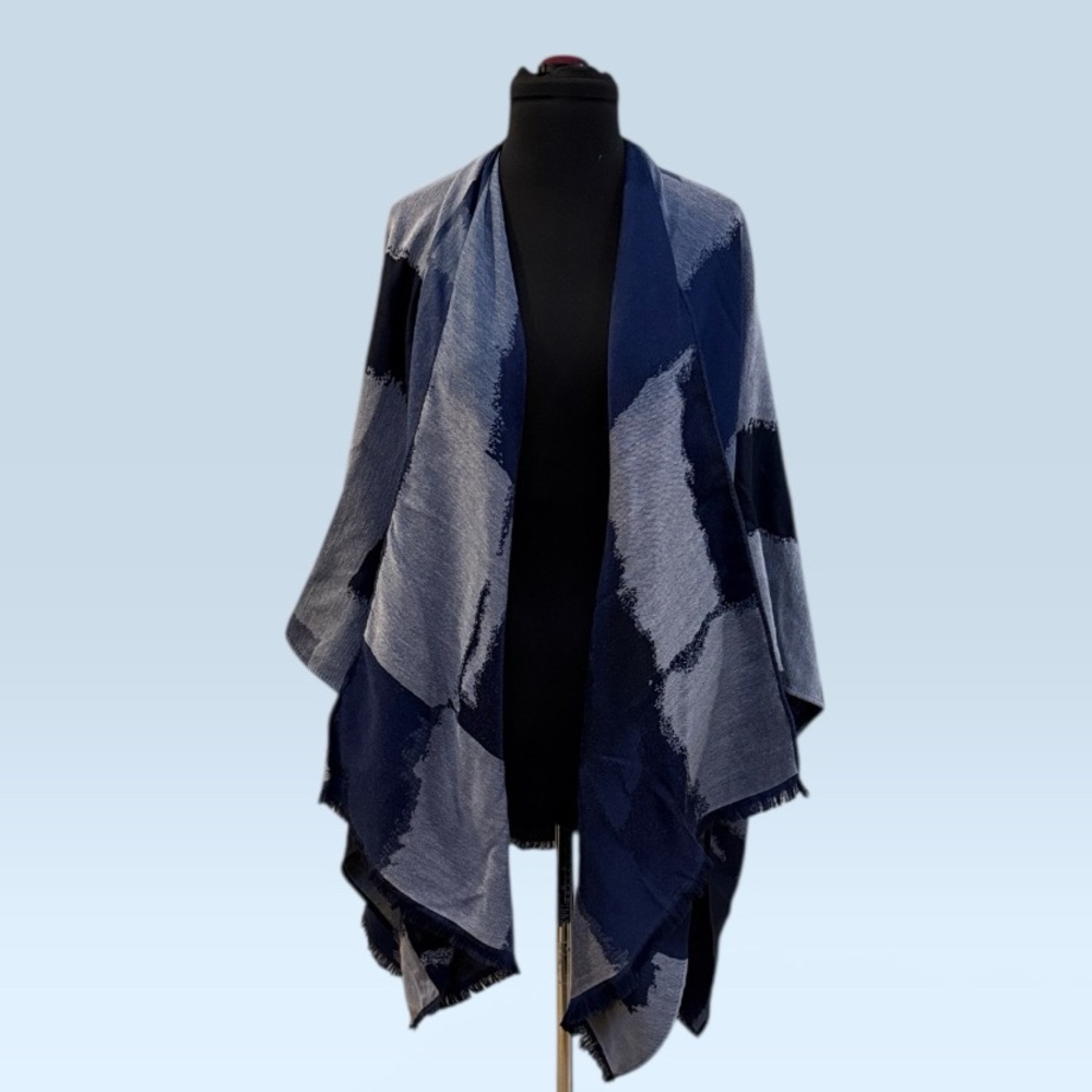 Draped Navy Patterned Open-Front Cape